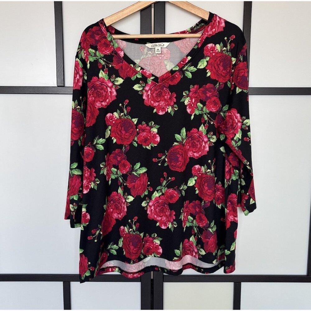 The Pioneer Woman Floral Red Roses Black V-Neck 3/4 Sleeve Top Shirt Size XXL